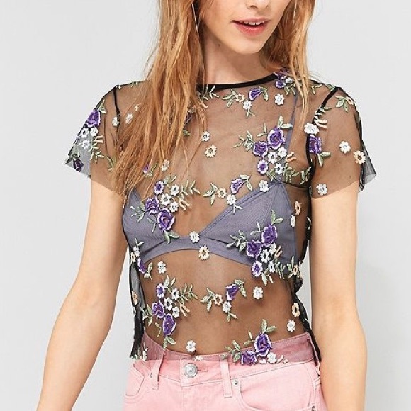 Urban Outfitters Tops - Urban Outfitters Floral Embroidered Mesh Crop Top